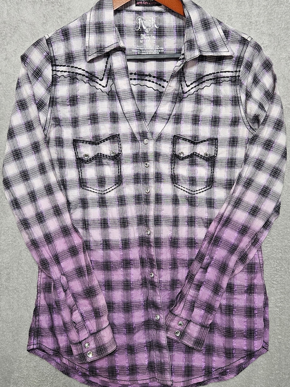 Ladies Size M Rock 47 by Wrangler Purple Plaid LS Shirt Pearl Snaps